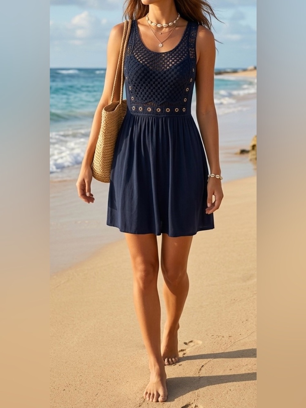 Venus Black Crochet Detail Mini Dress / Beach Coverup Small